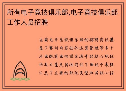 所有电子竞技俱乐部,电子竞技俱乐部工作人员招聘
