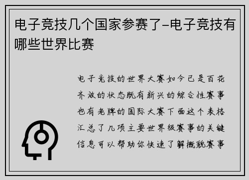 电子竞技几个国家参赛了-电子竞技有哪些世界比赛